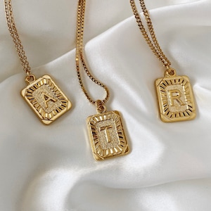 Gold Initial Letter Pendant Necklace, Square Alphabet Rectangle Medallion Pendant, Personalized, Boho, Kim Kardashian, Unisex, Men, Coin image 1