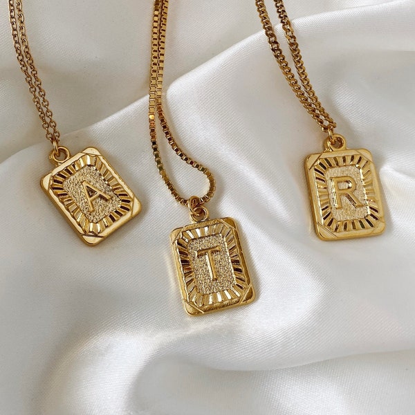 Gold Initial Letter Pendant Necklace, Square Alphabet Rectangle Medallion Pendant, Personalized, Boho, Kim Kardashian, Unisex, Men, Coin