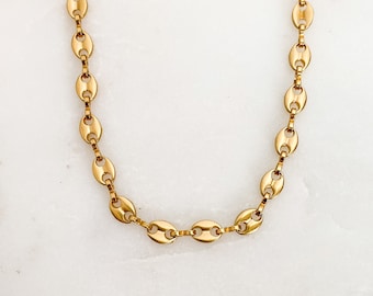 Gold Stainless Steel Coffee Bean Mariner Link Chain Necklace