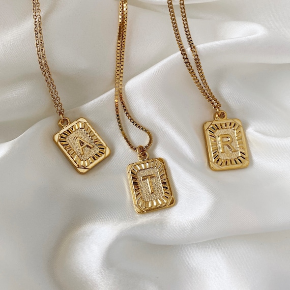 Gold Initial Letter Pendant Necklace, Square Alphabet Rectangle Medallion  Pendant, Personalized, Boho, Kim Kardashian, Unisex, Men, Coin - Etsy