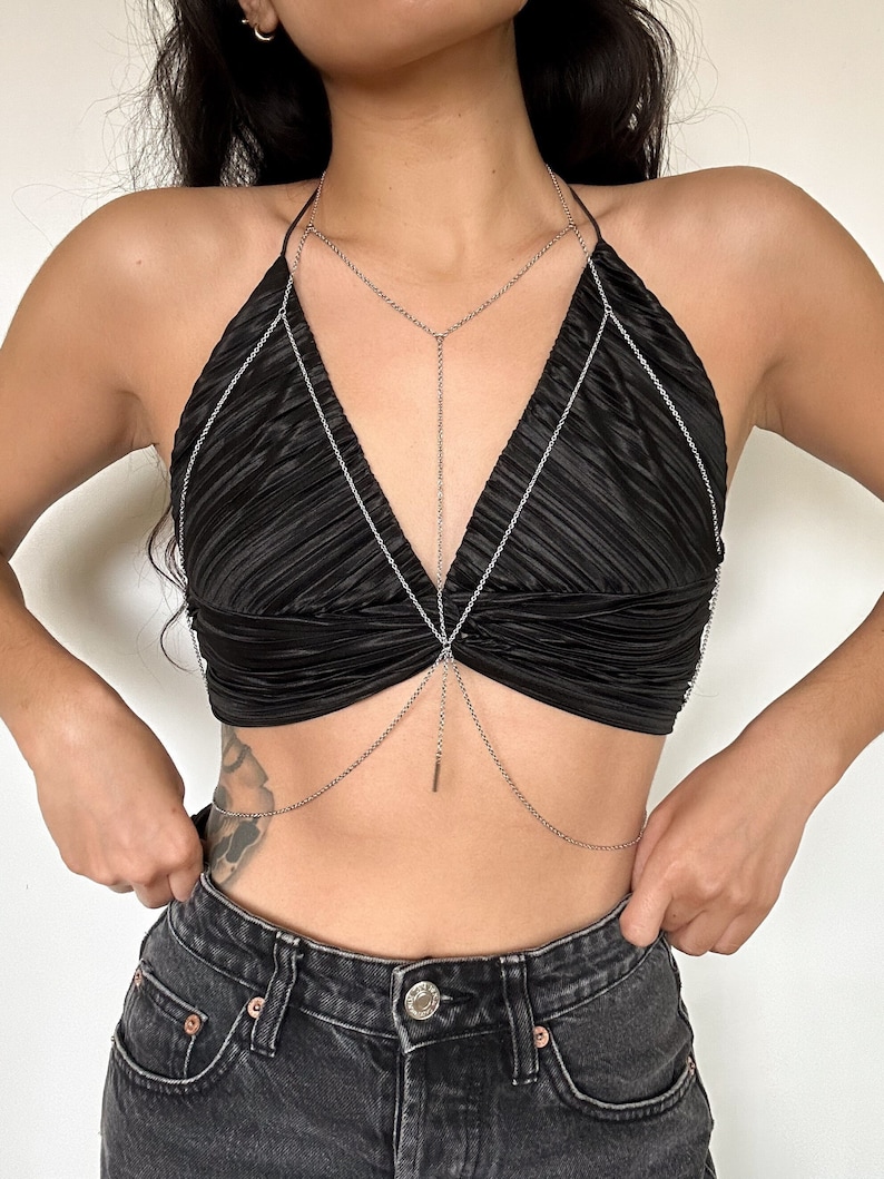 Stainless Steel Plunge Chain Bra Body Chain with Bar Charm in Gold or Silver, Handmade, Non-Tarnish image 1