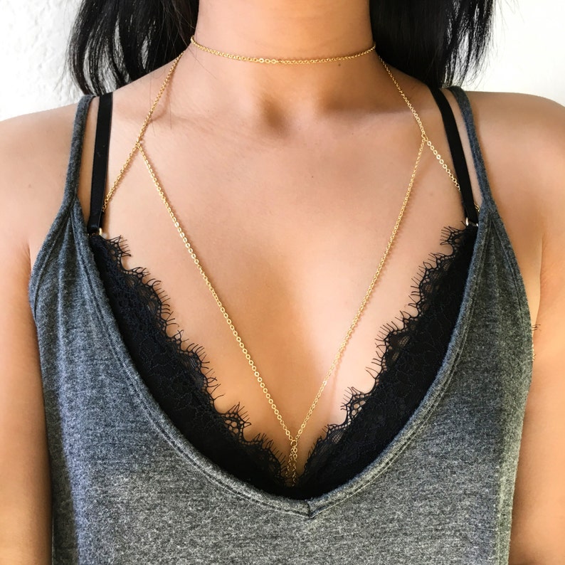 Stainless Steel Choker Chain Bra Body Chain in Gold or Silver, Handmade, Non-Tarnish image 1