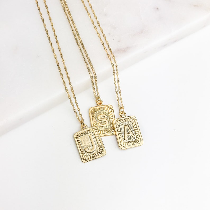 Gold Initial Letter Pendant Necklace, Square Alphabet Rectangle Medallion Pendant, Personalized, Boho, Kim Kardashian, Unisex, Men, Coin image 10