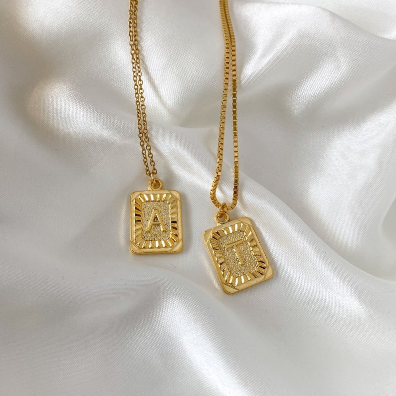 Gold Initial Letter Pendant Necklace, Square Alphabet Rectangle Medallion Pendant, Personalized, Boho, Kim Kardashian, Unisex, Men, Coin image 2