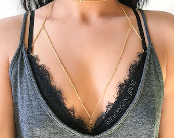 Stainless Steel Choker Chain Bra Body Chain in Gold or Silver, Handmade, Non-Tarnish