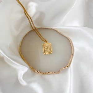 Gold Initial Letter Pendant Necklace, Square Alphabet Rectangle Medallion Pendant, Personalized, Boho, Kim Kardashian, Unisex, Men, Coin image 5