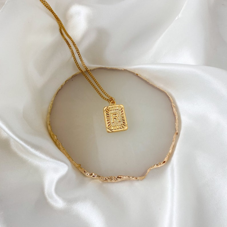 Gold Initial Letter Pendant Necklace, Square Alphabet Rectangle Medallion Pendant, Personalized, Boho, Kim Kardashian, Unisex, Men, Coin image 5