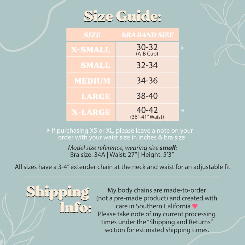 Handmade chain bra size guide with options for XS, Small, Medium, Large, and XL. Sizing is determined by both bra band size and waist measurements. Custom sizes also available