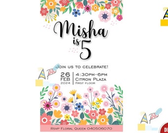 Floral themed party invitation. Digital file/Printable.