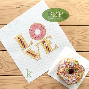 Donut Love a silly Cross Stitch Pattern PDF, doughnut cross stitch,  gifts for foodies,  kitchen cross stitch, food cross stitch