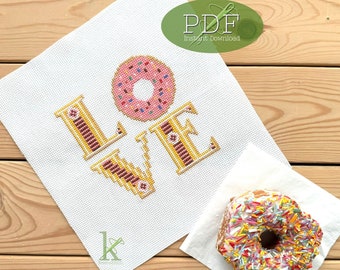 Donut Love - silly Cross Stitch Pattern PDF, doughnuts, LOVE, sprinkles, Easy, fun by keenstitch