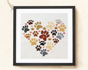 Pawprint Heart - Dog Paws Cross Stitch Pattern PDF, paws, pawprints, hearts, easy, dog lovers, by keenstitch