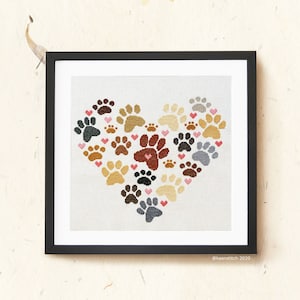Pawprint Heart - Dog Paws Cross Stitch Pattern PDF, paws, pawprints, hearts, easy, dog lovers, by keenstitch