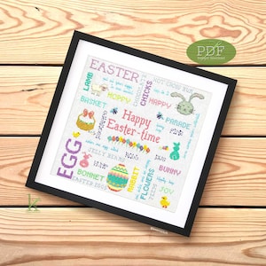 Happy Eastertime, a cheerful Easter Cross Stitch Pattern PDF, Easter bunny, chick, flowers, lamb, Easter egg cross stitch, Easter basket