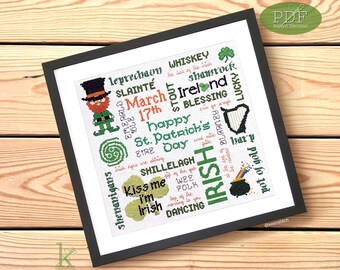 Könnte beinhalten: Ein Kreuzstichmuster mit einem grünen Kleeblatt, einem Kobold und einem Topf voll Gold. Das Muster enthält die Wörter "Frohes St. Patricks Day" und "Irisch" in einem grün-weißen Farbschema.