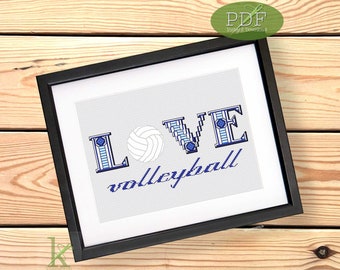 Love Volleyball - Volleyball themed Cross Stitch Pattern PDF beach LOVE men women sport easy beginner by keenstitch