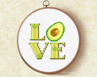 Avocado Love - cheerful, Avocado Cross Stitch Pattern PDF, quirky, love, kitchen, food, avocado by keenstitch