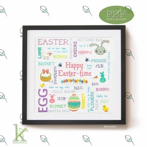 Happy Eastertime a Cheerful Easter themed Cross Stitch Pattern PDF, easter eggs, bunny, basket, chick, springtime, flowers by keenstitch image 2