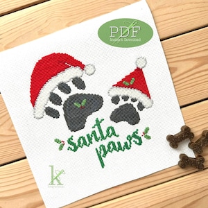 Santa Paws a Christmas Dog Cross Stitch Pattern PDF, Christmas decoration, pawprints, Santa Hats, pawprint crossstitch, pet cross stitch
