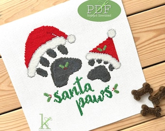 Santa Paws a Christmas Pet Cross Stitch Pattern PDF, Christmas decoration, pawprints, Santa Hats, dog pawprint crossstitch, cat pawprint