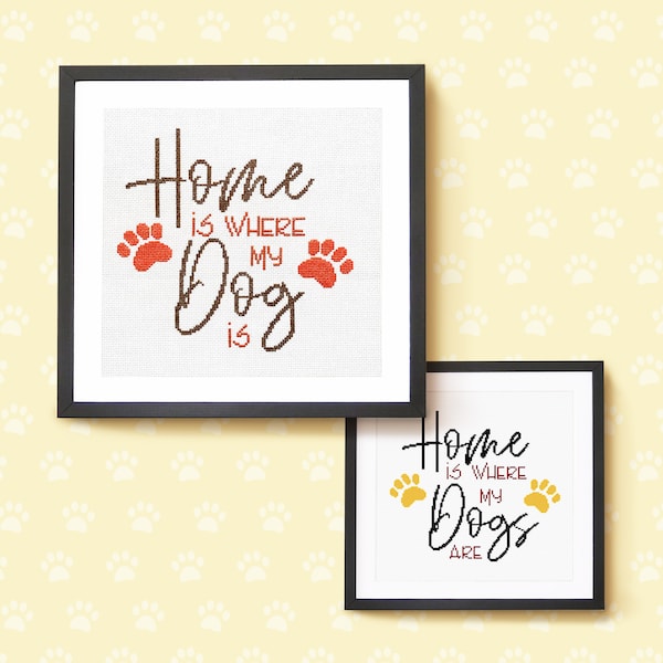 El hogar es donde está mi perro (también 'Dogs Are') - patrón de punto de cruz para mascotas PDF, perro, huella, hogar, por Keenestitch