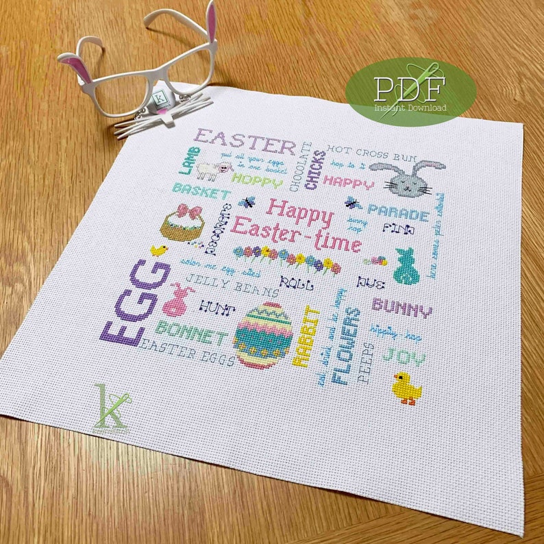 Happy Eastertime a Cheerful Easter themed Cross Stitch Pattern PDF, easter eggs, bunny, basket, chick, springtime, flowers by keenstitch image 5