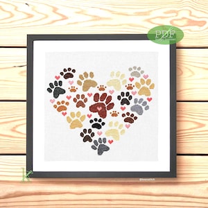 Herz - Hund Pfotenabdrücke Herz Kreuzstichmuster PDF, Hund, Pfotenabdrücke, Herzen, einfach, Geschenke für Hundeliebhaber, Geschenke für Tierbesitzer