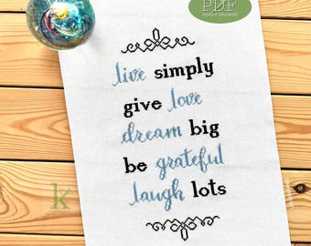 Live Simply, ein inspirierendes Kreuzstichmuster PDF, positive Vibes, Regeln für das Leben, Affirmationen, motivierend, positiver Kreuzstich