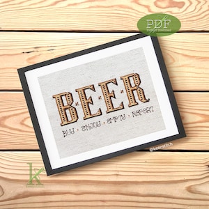 May include: A framed cross-stitch design with the word "BEER" in large, gold letters. The text "Buy. Enjoy. Empty. Repeat." is written below the word "BEER" in smaller letters. The background is a white fabric.
