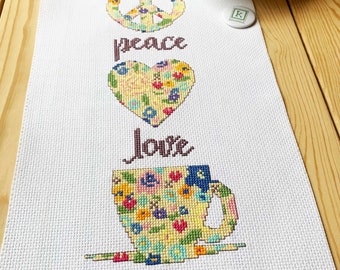 Peace Love Tea - boho floral Cross Stitch Pattern PDF, pink, peace symbol, heart, teacup by keenstitch