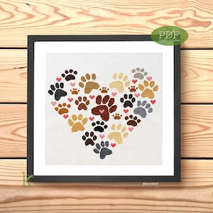 Pawprint Heart - Dog Pawprints Cross Stitch Pattern PDF, dog, pawprints, hearts, easy, gifts for dog lovers, gifts for pet owners