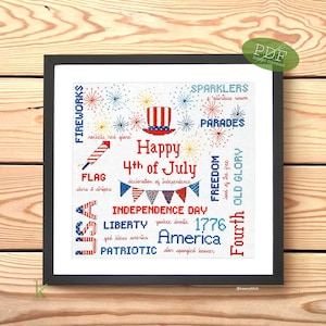 Fourth of July an American Independence Day Cross Stitch Pattern PDF, stars and stripes, fireworks, USA, patriotic cross-stitch, July 4th