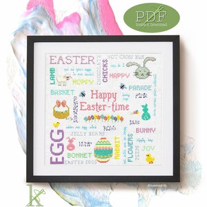 Happy Eastertime a Cheerful Easter themed Cross Stitch Pattern PDF, easter eggs, bunny, basket, chick, springtime, flowers by keenstitch image 4