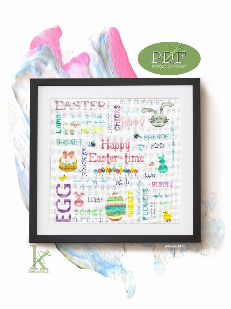 Happy Eastertime a Cheerful Easter themed Cross Stitch Pattern PDF, easter eggs, bunny, basket, chick, springtime, flowers by keenstitch image 4