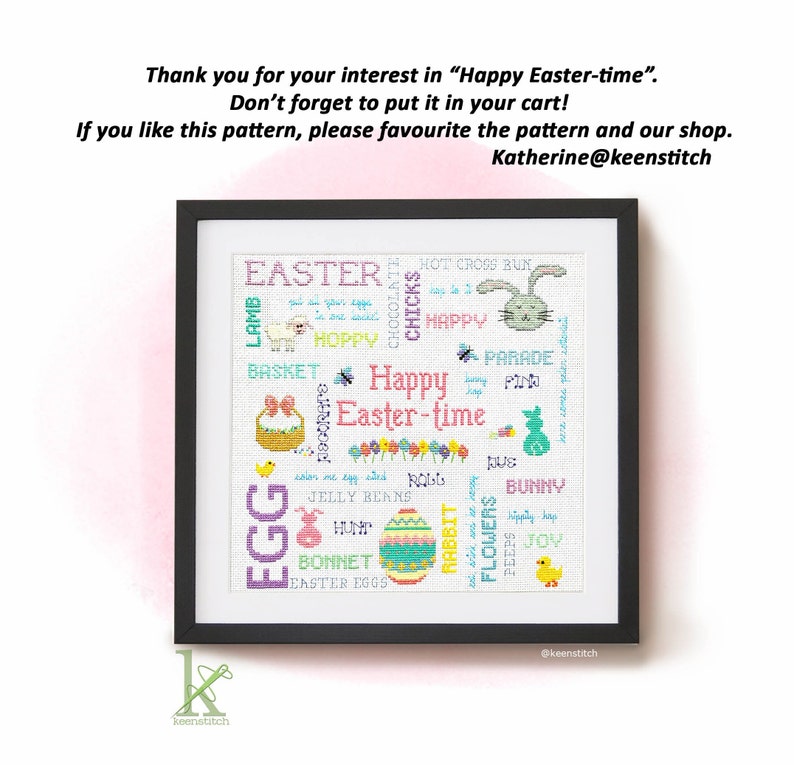 Happy Eastertime a Cheerful Easter themed Cross Stitch Pattern PDF, easter eggs, bunny, basket, chick, springtime, flowers by keenstitch image 6