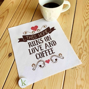 Love and Coffee, a kitchen Cross Stitch Pattern PDF, coffee cross stitch, coffee quote, housewarming gift,  kitchen decoration