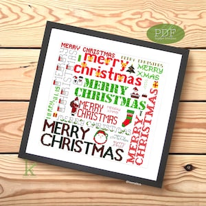 Merry Christmas, a Christmas Cross Stitch Pattern PDF, handmade Christmas decorations, holiday decorating, Christmas stitching, Xmas