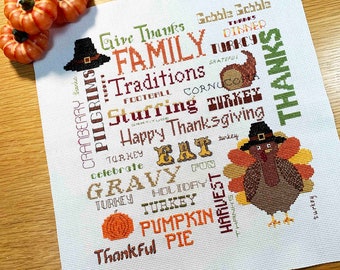 Happy Thanksgiving - Turkey Cross Stitch Pattern PDF Family Pilgrims Pumpkin Pie Cranberry  Give thanks Grateful by keenstitch