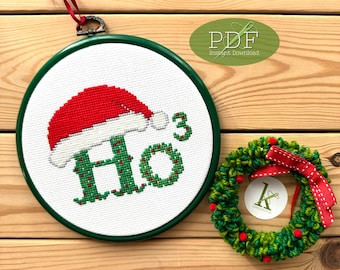 Christmas Ho Cubed - fun, nerdy, Holiday Cross Stitch Pattern PDF, Ho Ho Ho, Santa Hat, wreath,easy, beginner, by keenstitch