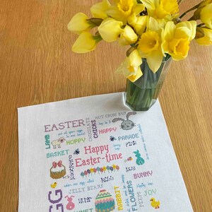 Happy Eastertime a Cheerful Easter themed Cross Stitch Pattern PDF, easter eggs, bunny, basket, chick, springtime, flowers by keenstitch image 3