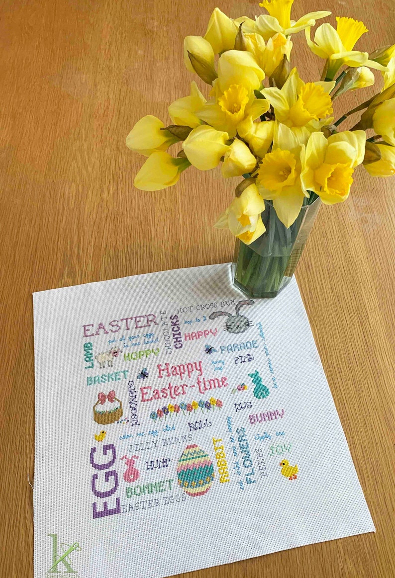 Happy Eastertime a Cheerful Easter themed Cross Stitch Pattern PDF, easter eggs, bunny, basket, chick, springtime, flowers by keenstitch image 3