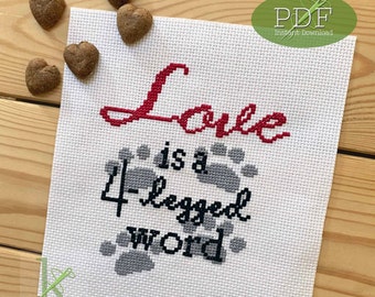 Love is a 4 Legged Word - Pet Cross Stitch Pattern PDF Paws Pawprints Animals Cat Dog Easy Quick Beginner by keenstitch