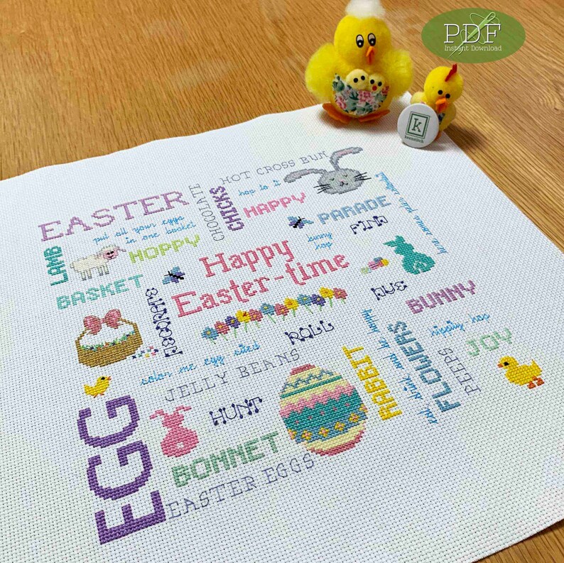 Happy Eastertime a Cheerful Easter themed Cross Stitch Pattern PDF, easter eggs, bunny, basket, chick, springtime, flowers by keenstitch image 1