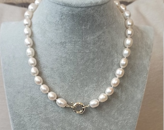 10mm Perlenkette, Süßwasserperlenkette, Halskette, moderne Halskette, handgemachte Perlenkette, weiße Halskette
