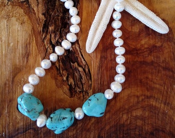 Freshwater Pearl Necklace, Turquoise, Handmade Necklace, Statement Necklace, Modern Necklace, White Pearl Necklace, Cultured pearls