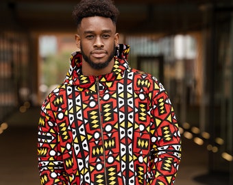 African Winter Parka / African Hoodie in Electric Red With Pockets / Colorful Hoodie Made In Africa
