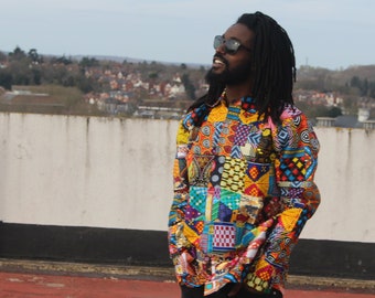 Chemise Homme Patchwork Ethnique Ohm, Manches Longues, Col Grand-père, Coton Népal - Neuf Avec étiquettes