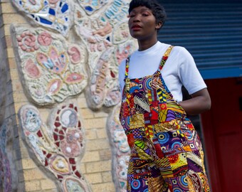 african print dungaree dress