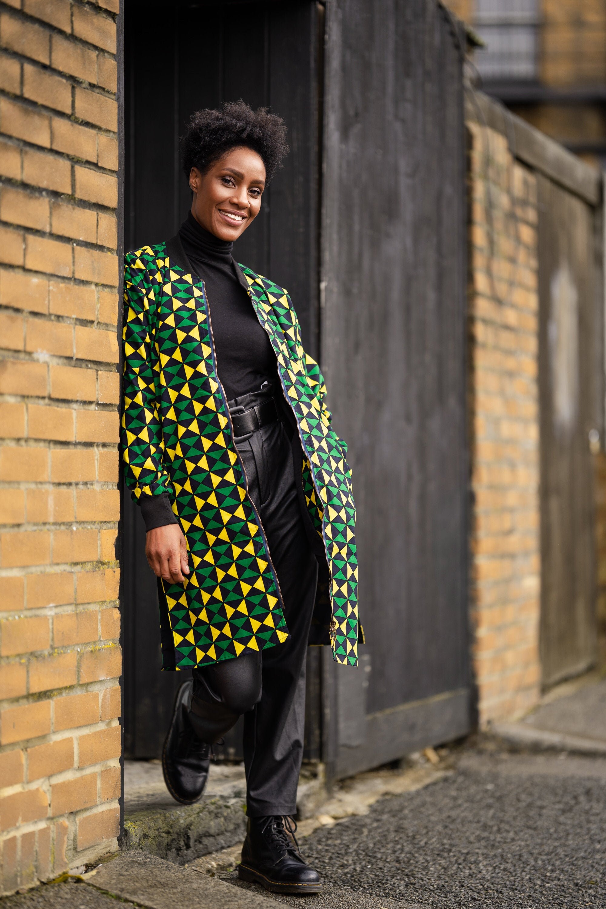 Image of African Winter Coat in Subtle Green Ankara/Trench Made Africa