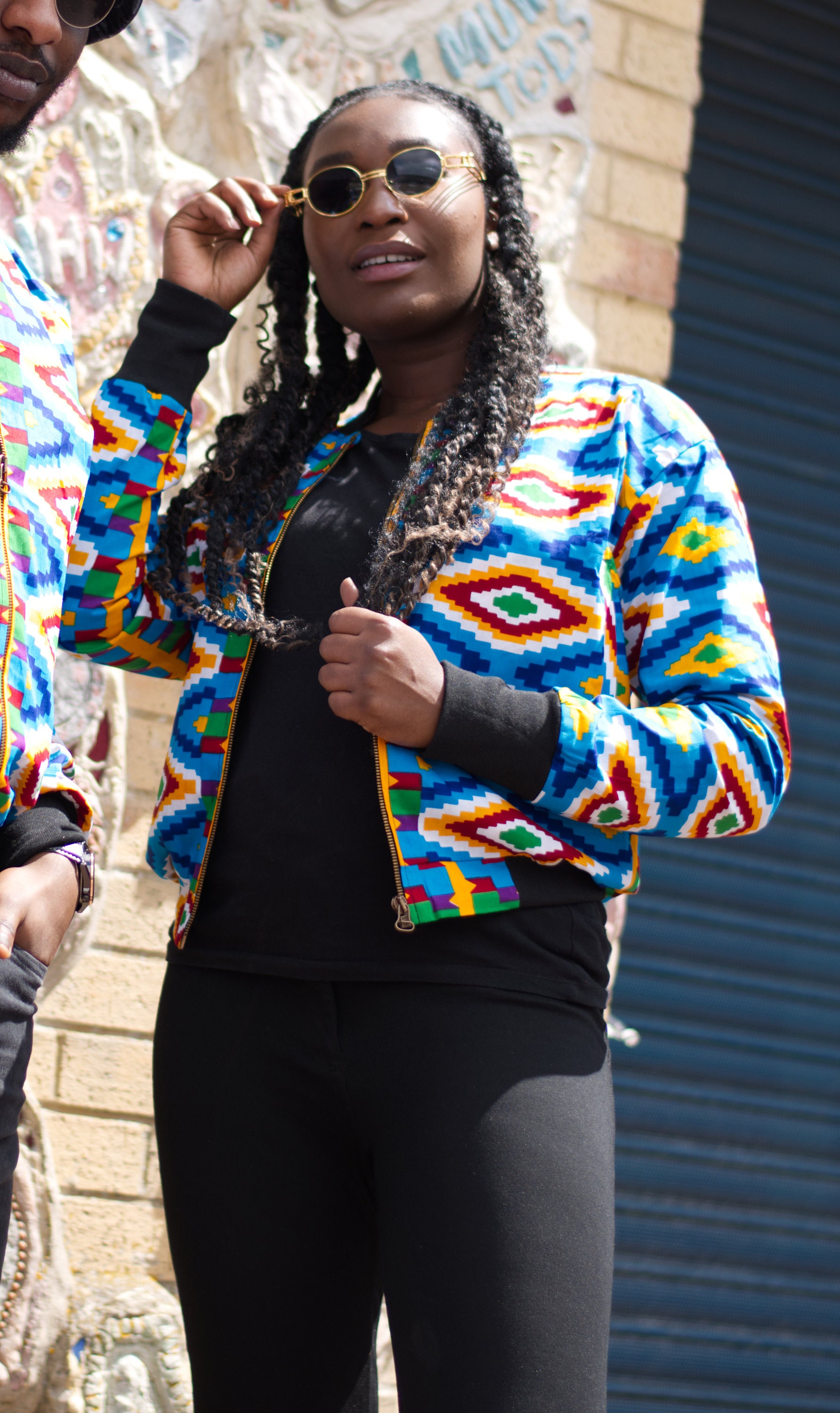 Image of Crazy Blue Kente African Bomber Jacket/Fresh Prince Jacket Retro Print Colourful
